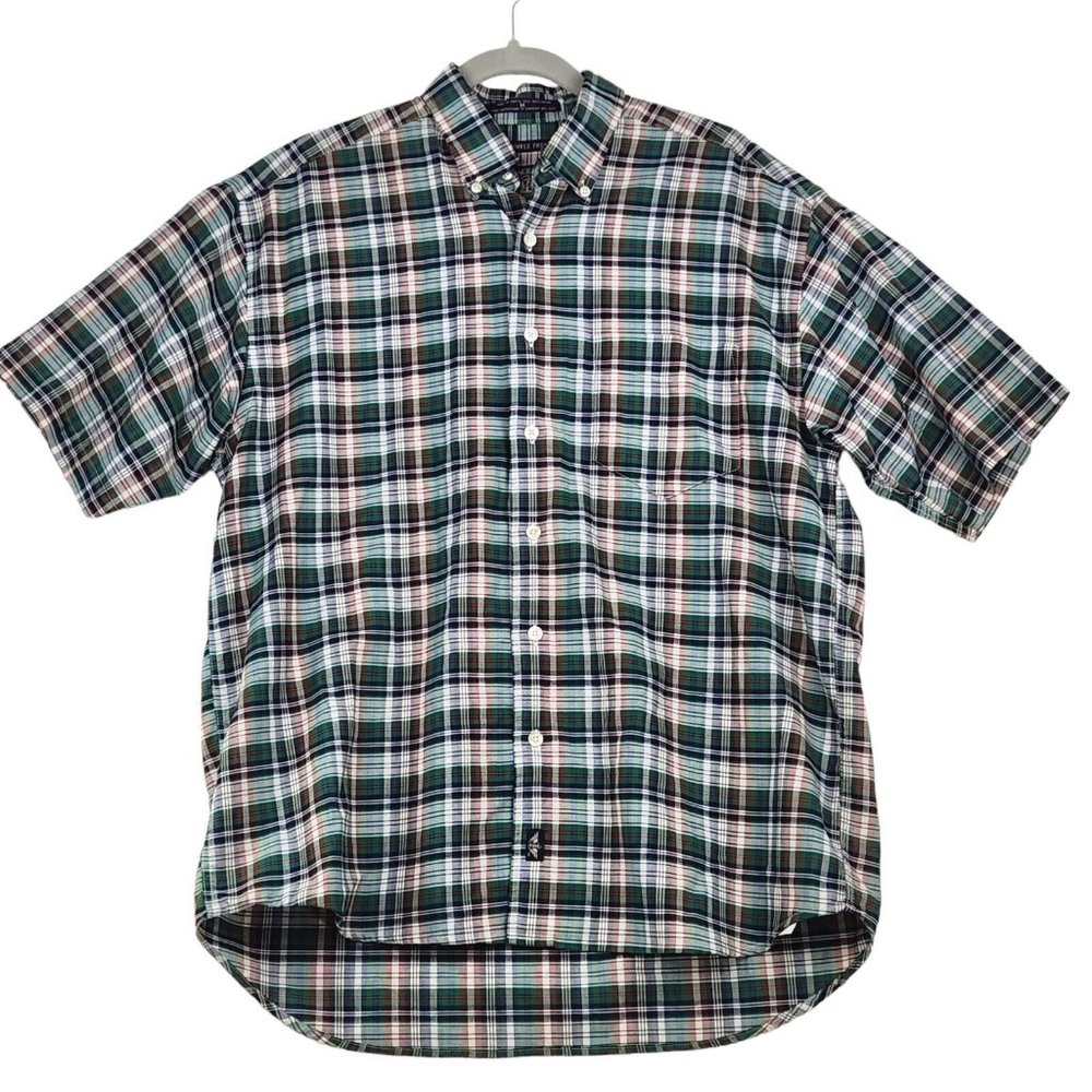 Dockers Men's Size Medium Button Down Shirt Red White Green Plaid Short Sleeve